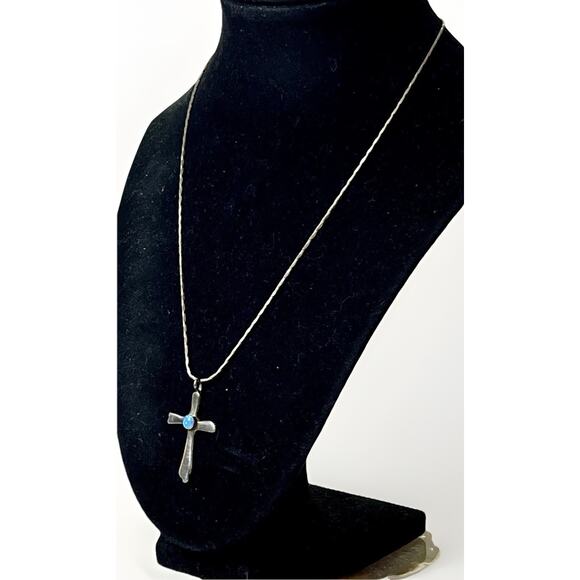 Vintage Navajo Sterling Silver Opal Cross Pendant Necklace Signed Lowell Draper